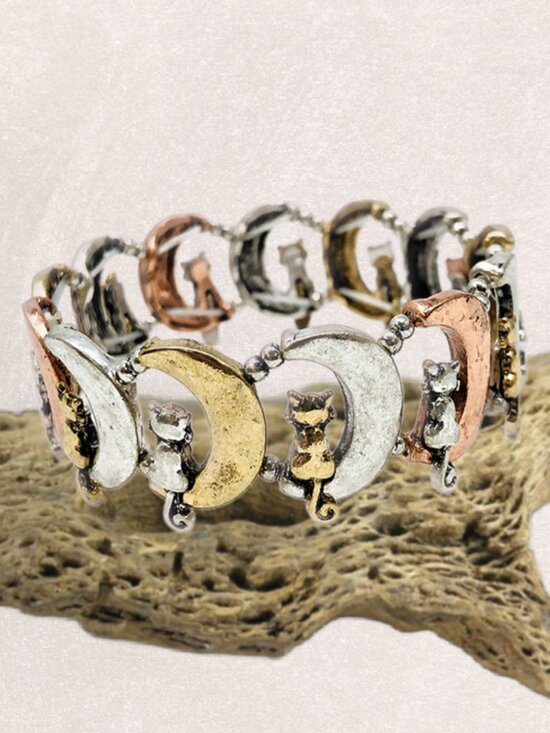 Cat Pet Lovers Theme Gold Silver Copper Dipped Stretch Bracelet NEW Great Gift! - Picture 2 of 3